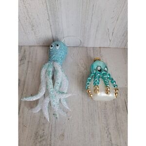 Blue glitter‎ octopus ornament set Xmas unique vintage sea ocean